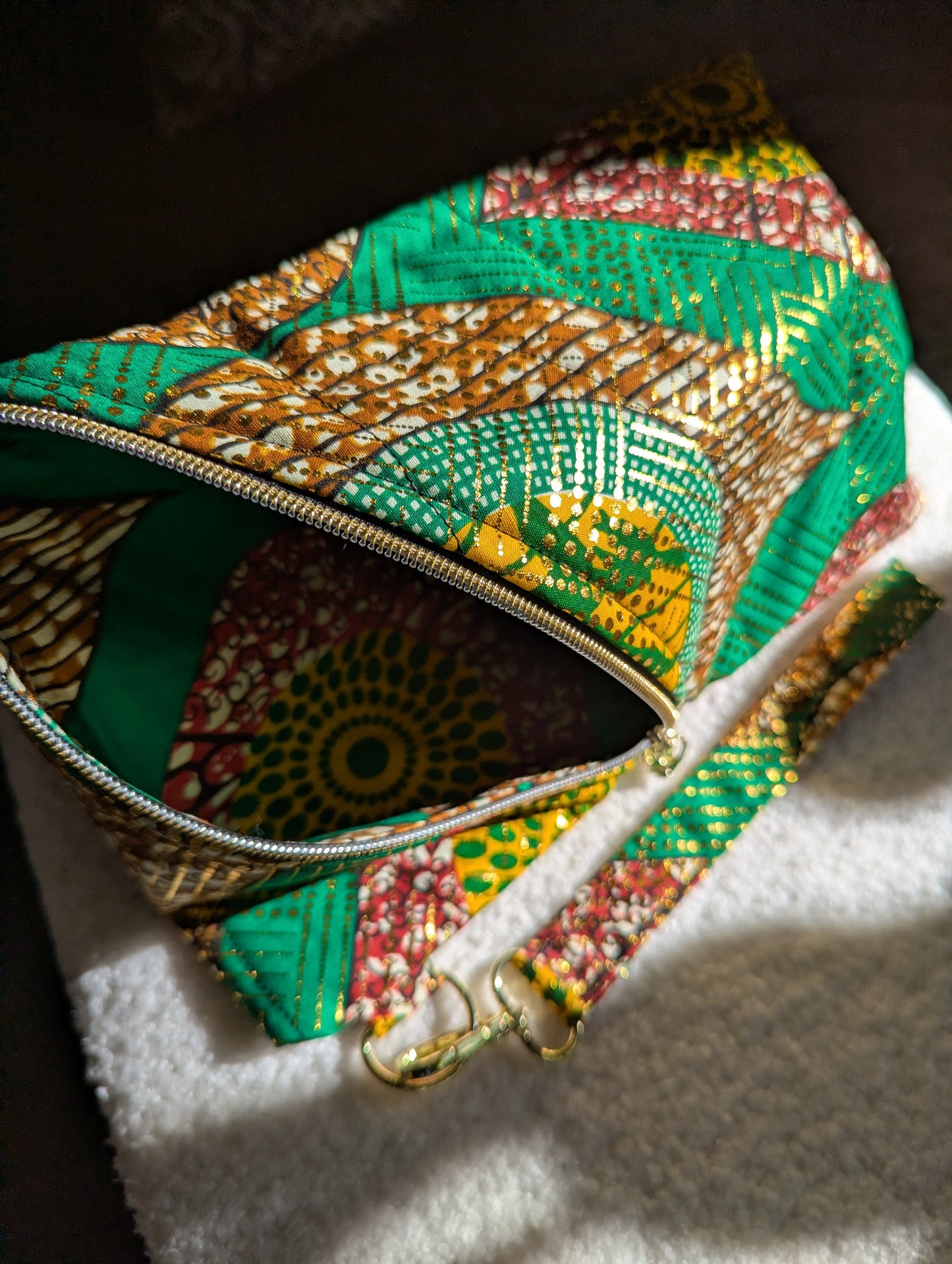 Right Slanted Zipper Bag  (Green & Gold print)