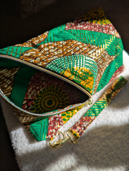 Right Slanted Zipper Bag  (Green & Gold print)