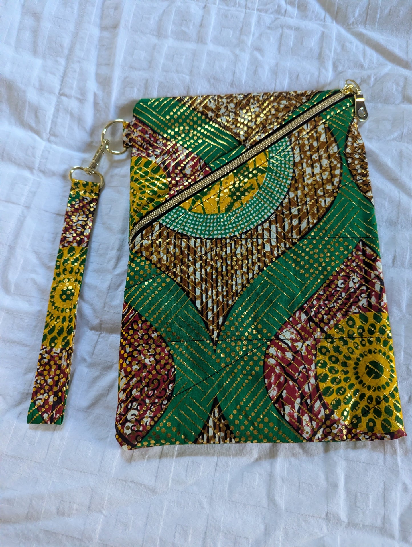 Right Slanted Zipper Bag  (Green & Gold print)